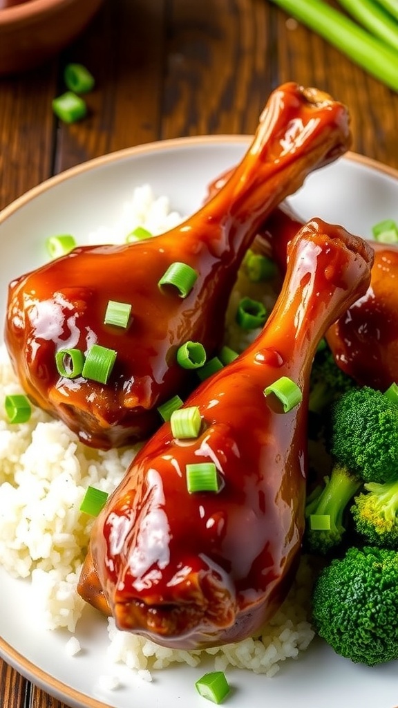 Honey garlic drumsticks on a plate with rice and broccoli, garnished with green onions.